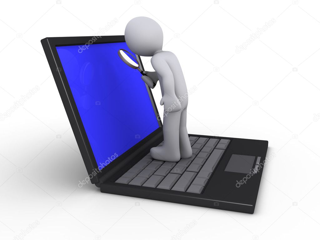 Person with magnifier on laptop