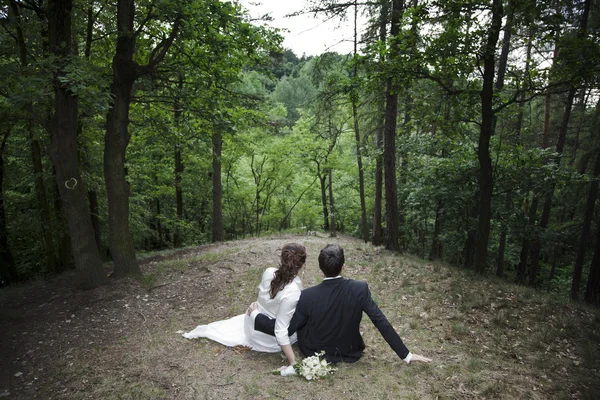 Świeżo poślubiona para w lesie — Zdjęcie stockowe