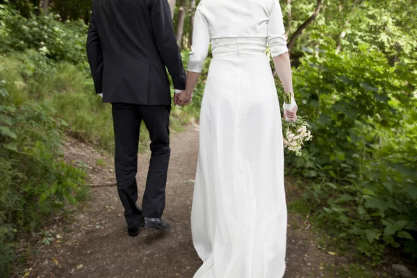 Una pareja de recién casados está atravesando el bosque Imagen de archivo