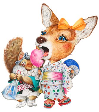 A child deer and squirrel at the japanese summer festival clipart