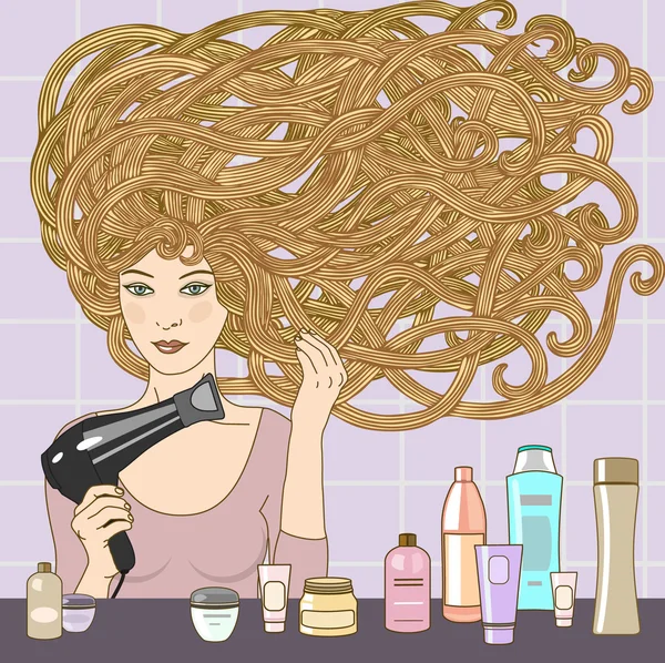 Menina com secador de cabelo —  Vetores de Stock