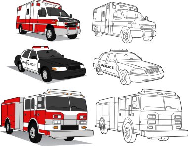 Ambulance, Police Car, Fire Engine