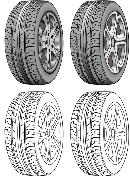 Neumáticos Realistas Renderizados y contornos de neumáticos — Archivo Imágenes Vectoriales