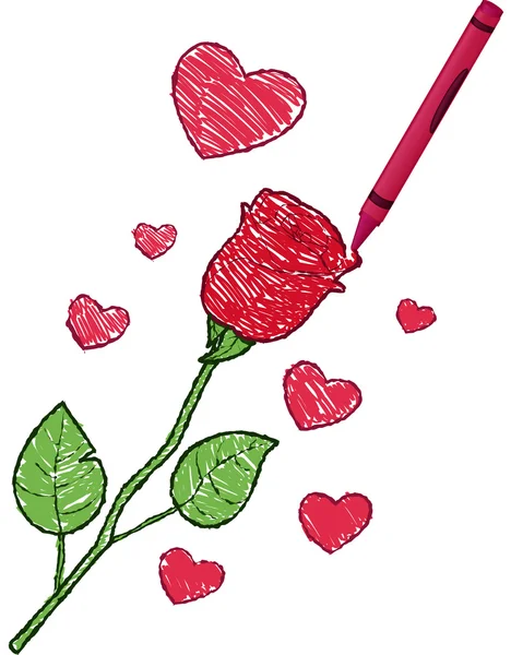 Crayon drawing of a Rose and Hearts — Stock Vector