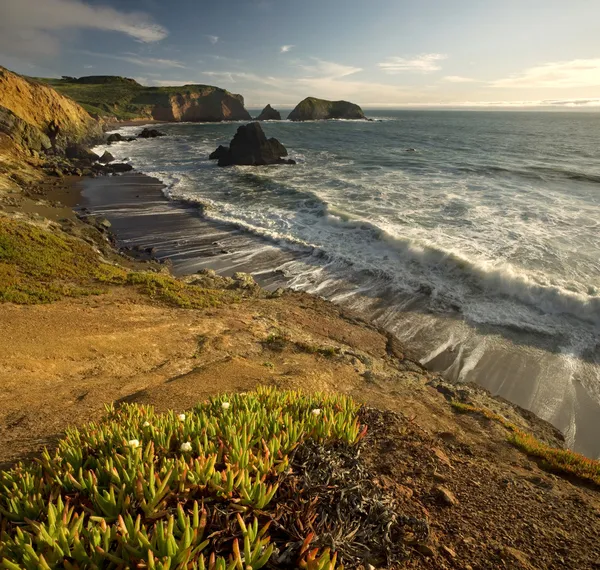 日落太平洋和陡峭的悬崖，在加利福尼亚州 — 图库照片