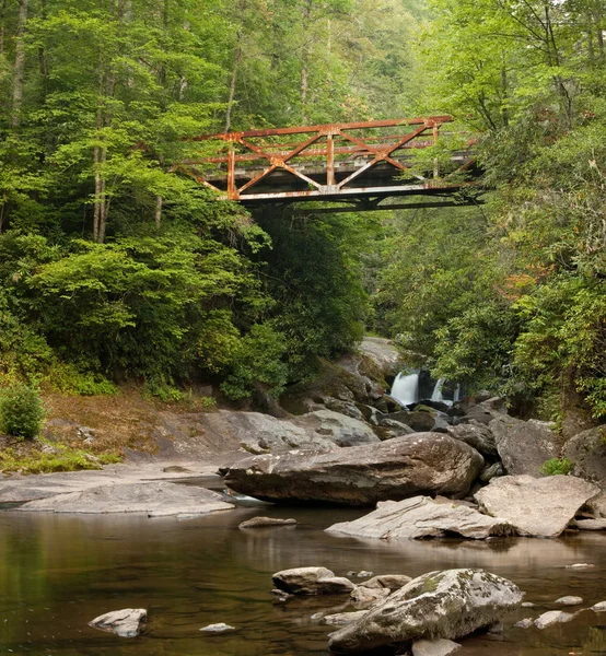 Gamla järn bro över skogen floden — Stockfoto