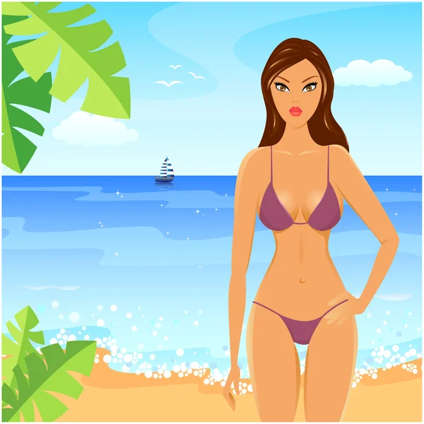 Tjej i bikini på en strand Royaltyfria illustrationer