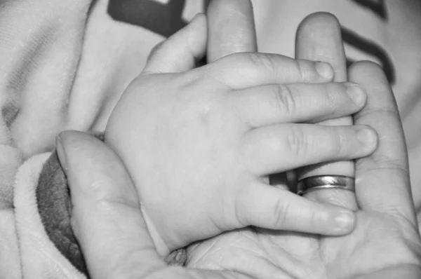 Mãos de um bebê e sua mãe — Fotografia de Stock