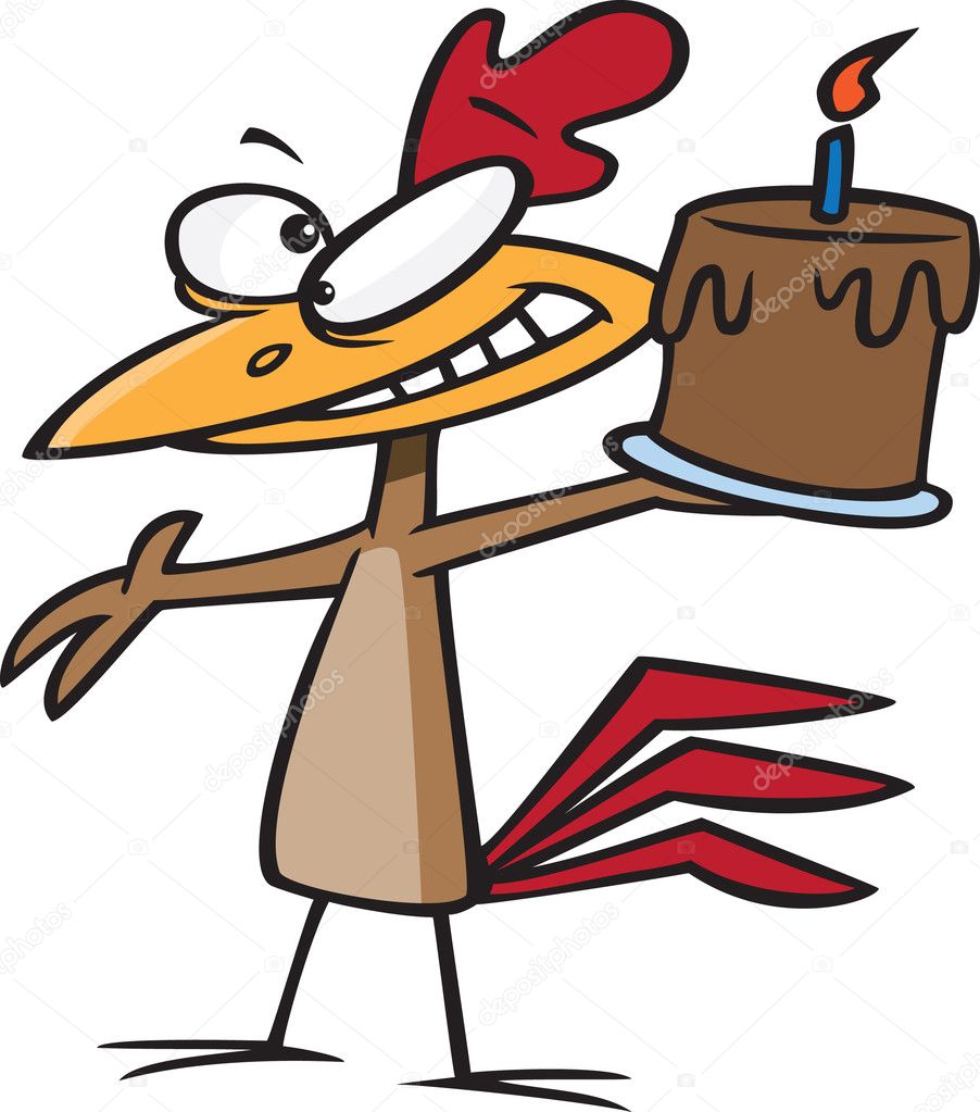 Happy chicken holding a birthday cake