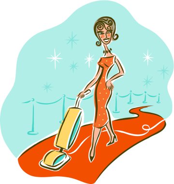 Illustration of a woman vacuuming on the red carpet clipart