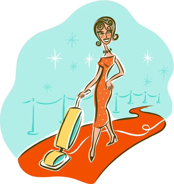 Ilustração de uma mulher aspirando no tapete vermelho — Fotografia de Stock