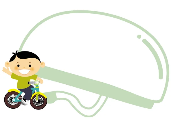 Um menino montando uma bicicleta com um capacete grande atrás dele — Fotografia de Stock