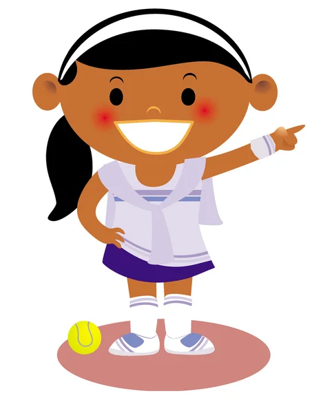 A young girl dressed in a tennis uniform pointing — Stock Photo, Image