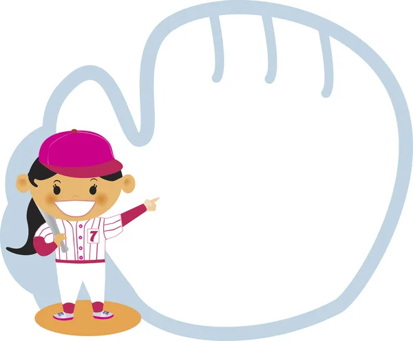 Ένα κορίτσι που δείχνουν προς ένα γάντι του μπέιζμπολ — Φωτογραφία Αρχείου