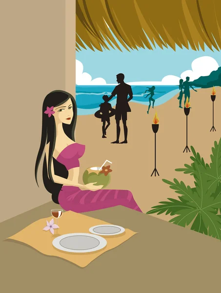 Kobieta na tropikalnej plaży w barze tiki — Zdjęcie stockowe