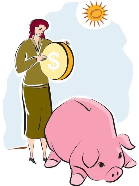 Eine Frau steckt eine große Münze in ein Sparschwein — Stockfoto