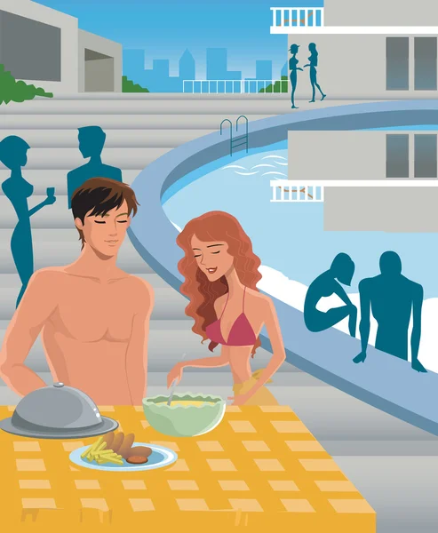 Un hombre y una mujer comiendo junto a la piscina — Foto de Stock