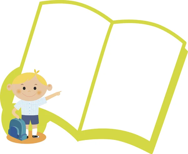 Een jongen die wijzen op een boek met blanke pagina — Stockfoto