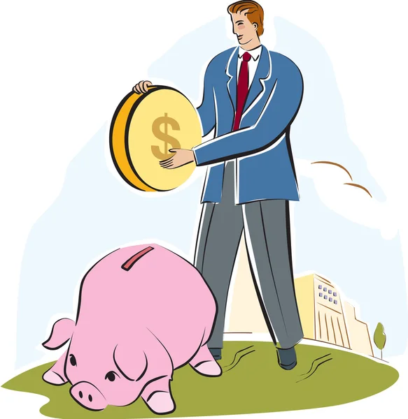 A man putting a large coin into a piggy bank — Stock Photo, Image