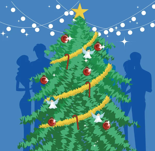 Een versierde kerstboom met silhouetten achter het — Stockfoto