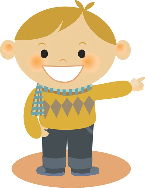 A boy wearing an argyle sweater pointing — Stock Photo, Image