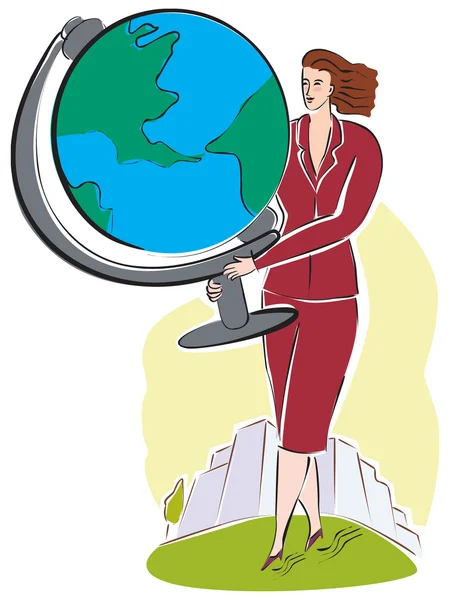 Eine Geschäftsfrau mit einer großen Weltkugel — Stockfoto