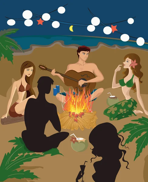 Grupa siedzi wokół ognia bon na plaży — Zdjęcie stockowe