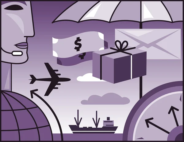 Egy kollázst egy ember, hajó, esernyő, a globe, a repülőgép és a pénz — Stock Fotó