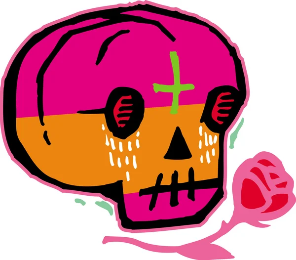Pink and orange skull with red rose — Stock Photo, Image