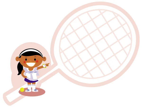 En ung flicka klädd i en enhetlig med en linje ritning av ett tennisracket tennis — Stockfoto