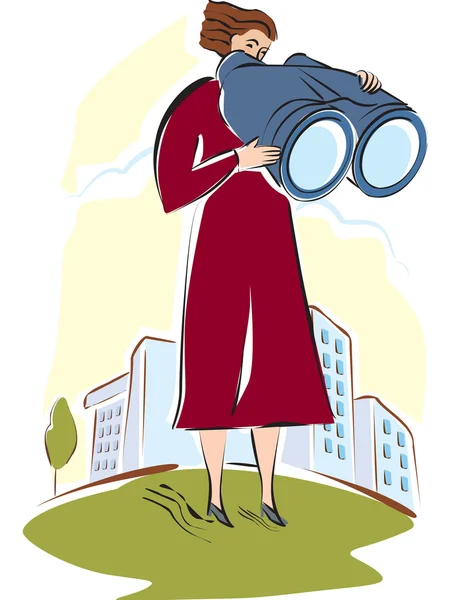 A woman looking through large binoculars — Stock Photo, Image