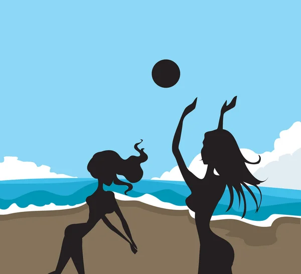 Два силуэта на пляже играют в волейбол — стоковое фото