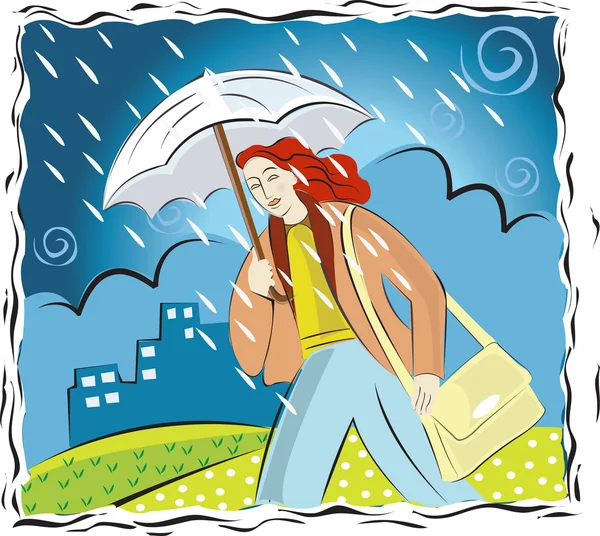A woman caught in the rain under an umbrella