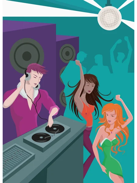 DJ играет музыку и две женщины танцуют — стоковое фото