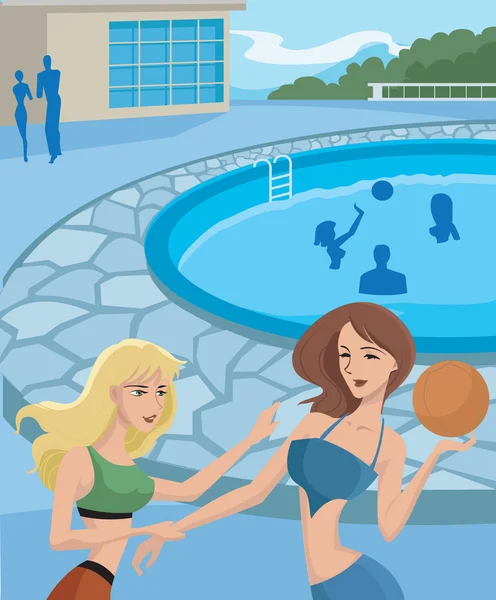 Två kvinnor leker med en boll av en pool — Stockfoto