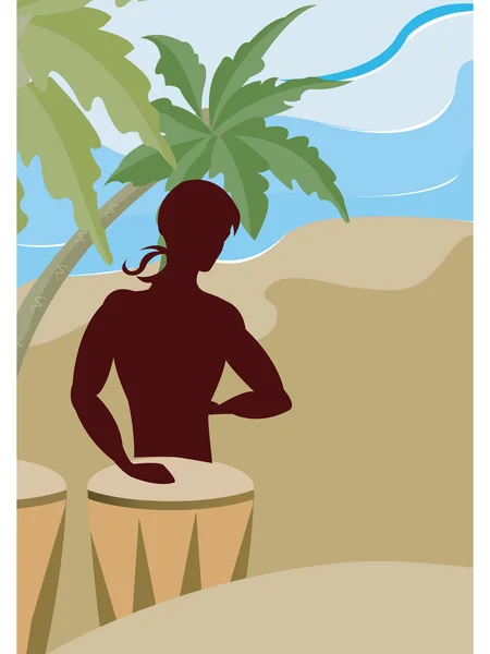 En silhuett av en man som spelar bongo trummor på stranden — Stockfoto
