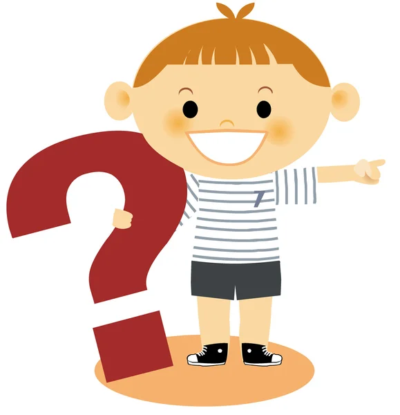 A young boy pointing holding a large question mark — Stock Photo, Image
