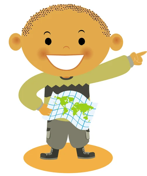 En ung pojke med en karta pekar — Stockfoto