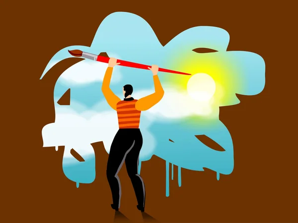 A businessman painting a sky scene with a giant paintbrush — Stock Photo, Image