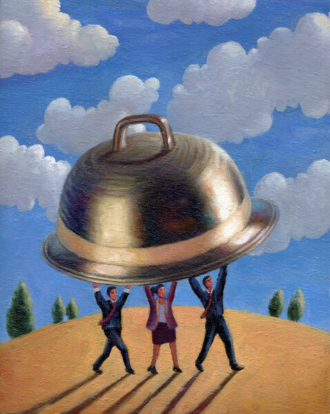 Three carrying a silver server