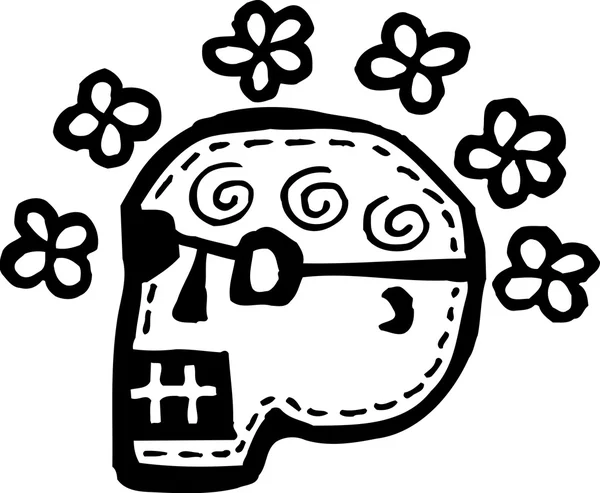 Crânio preto e branco rodeado de flores — Fotografia de Stock