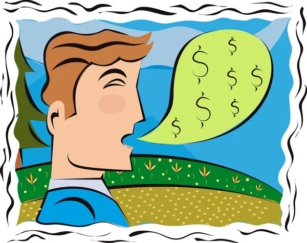 一个男人与一个语音泡沫充满美元符号 — 图库照片