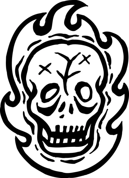 A black and white drawing of a skull and fire — Stock Photo, Image