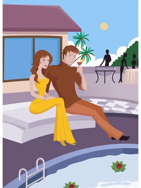 Ett par som sitter vid en tropisk pool — Stockfoto