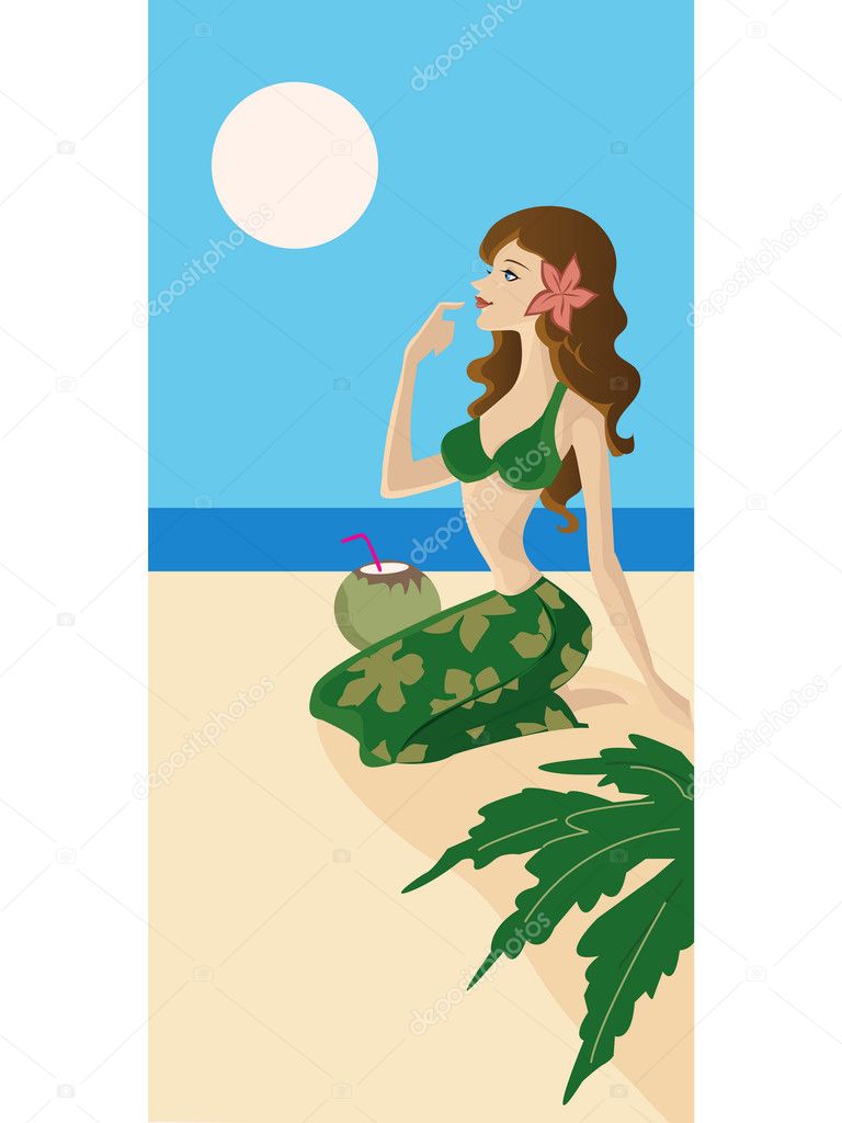 A woman in bathers with a coconut cocktail on the beach