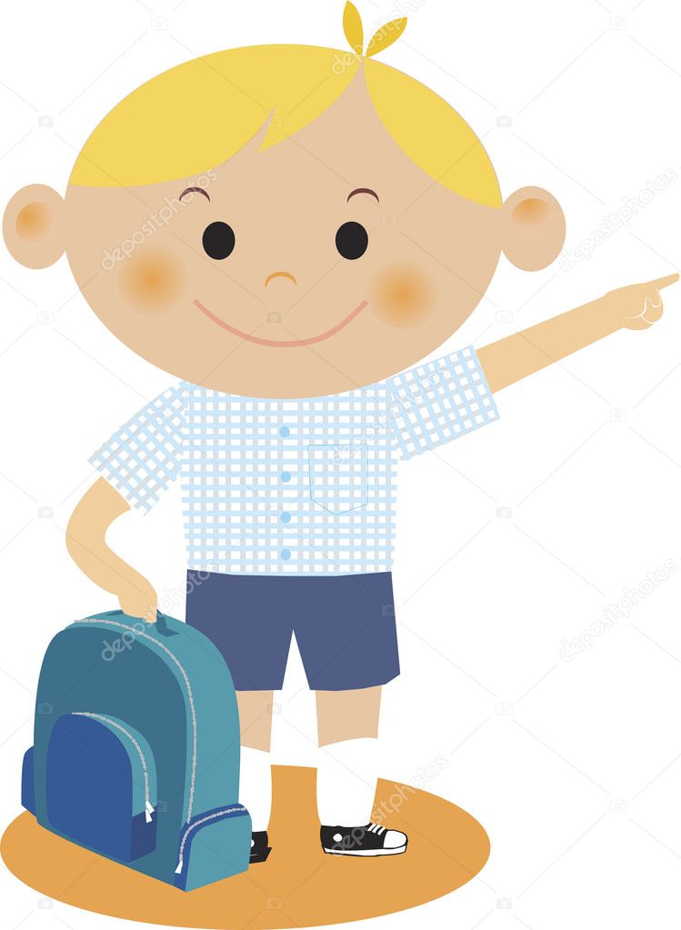 A boy pointing while holding his backpack