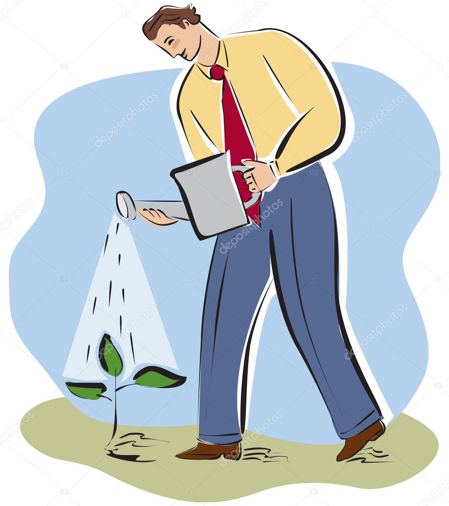 A businessman watering a plant
