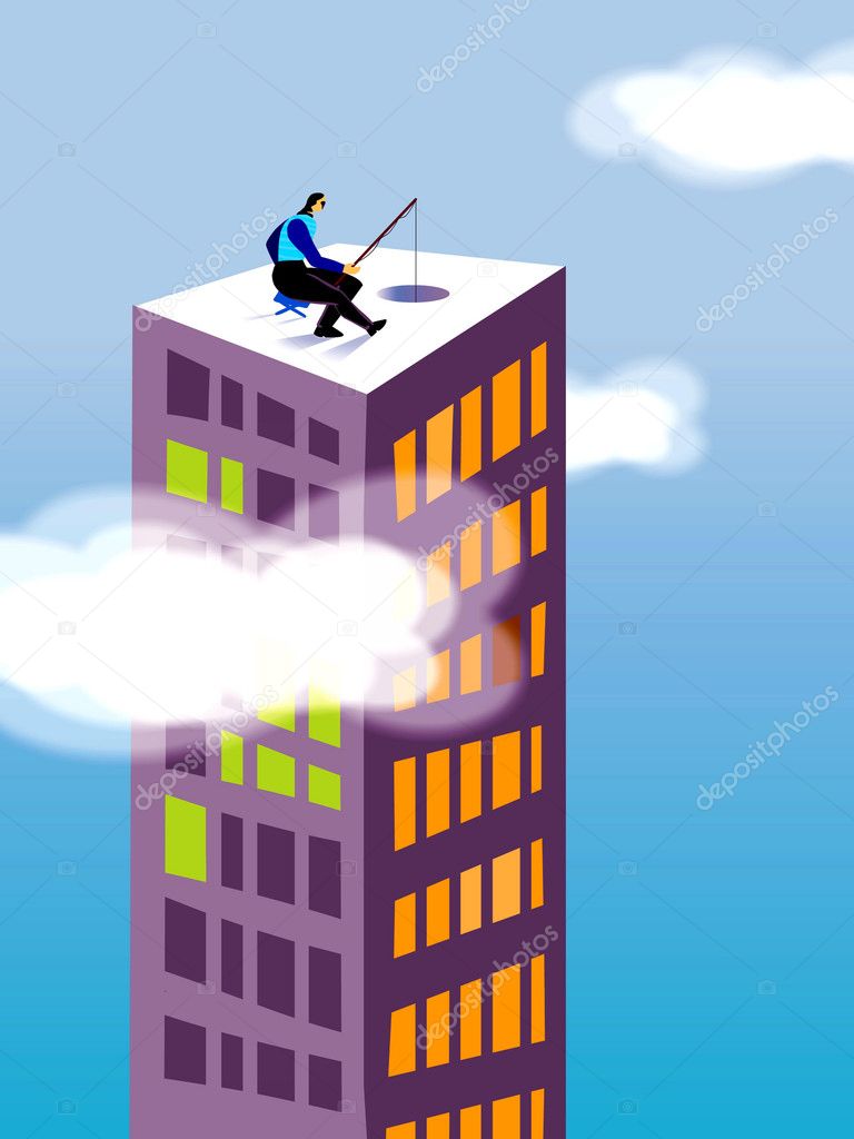 A businessman fishing on the top of a high rise building