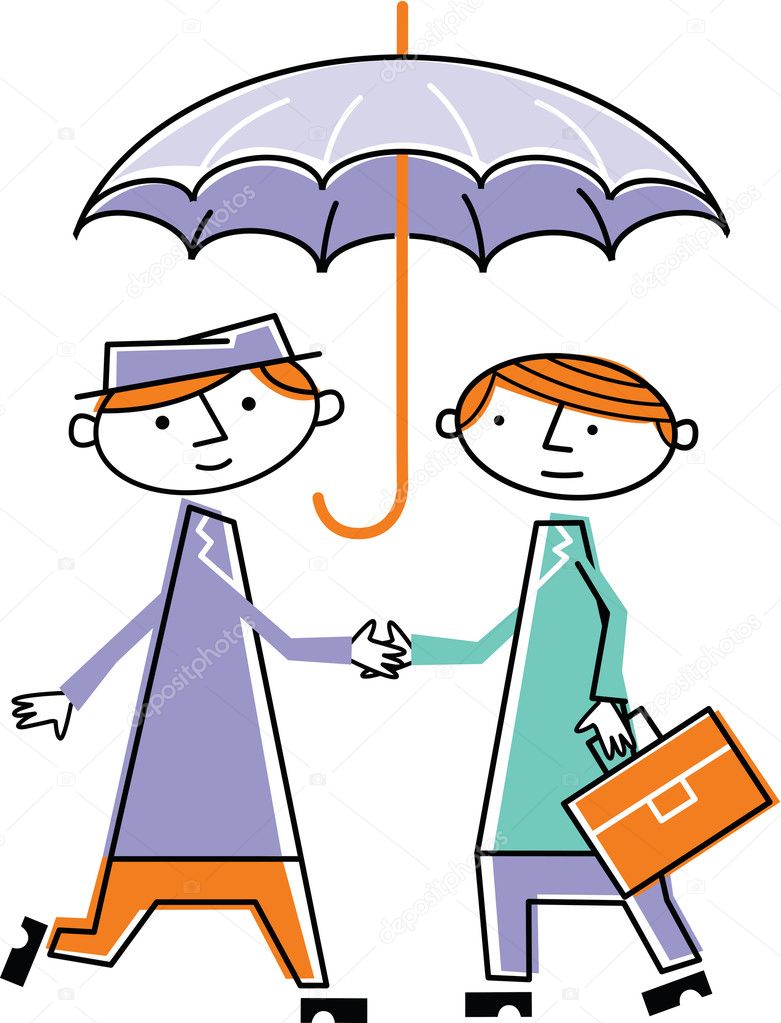 Two men shaking hands under umbrella