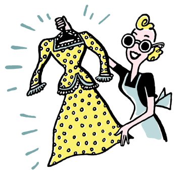 A cartoon style portrait of a woman with a new dress clipart